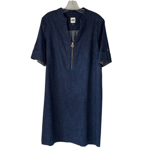 Anne Klein Denim Blue Sheath Dress Short Sleeves Front Gold Zipper Size 10